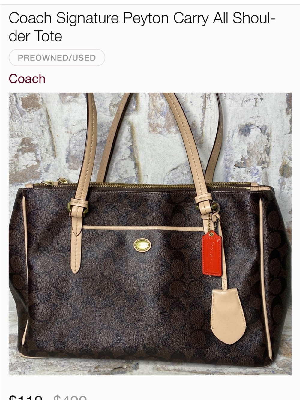 Coach Brown Signature Peyton Tote with Cream Trim and Red Tag